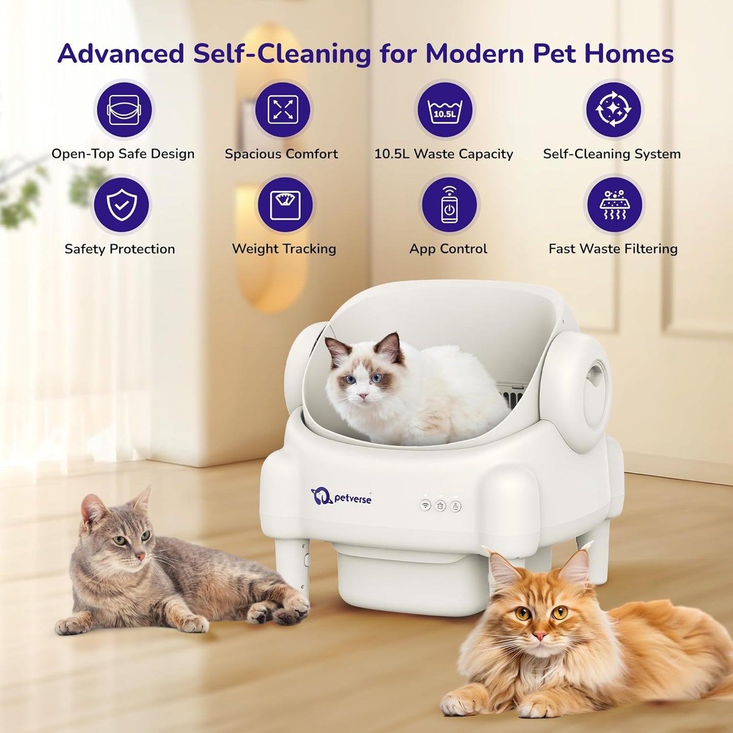 White Petverse automatic self-cleaning cat litter box infographic showcasing premium smart features surrounded by three cats.