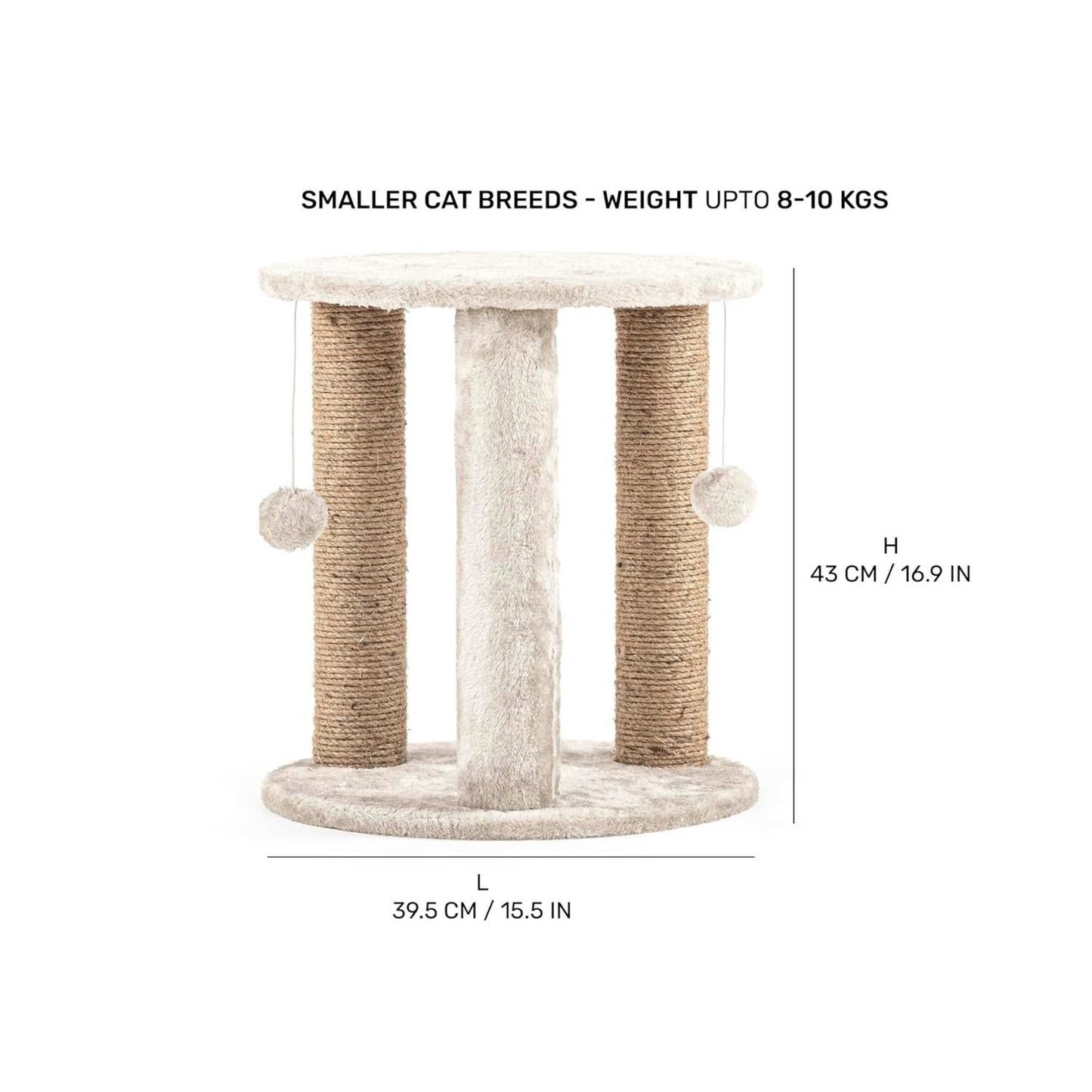 Beige Natural Jute Fiber Round Cat Tower with Rope Scratching Posts & Hanging Balls