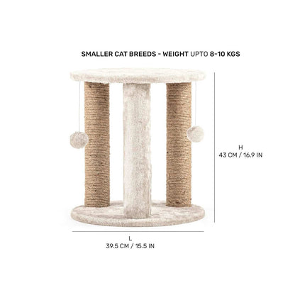 Beige Natural Jute Fiber Round Cat Tower with Rope Scratching Posts & Hanging Balls