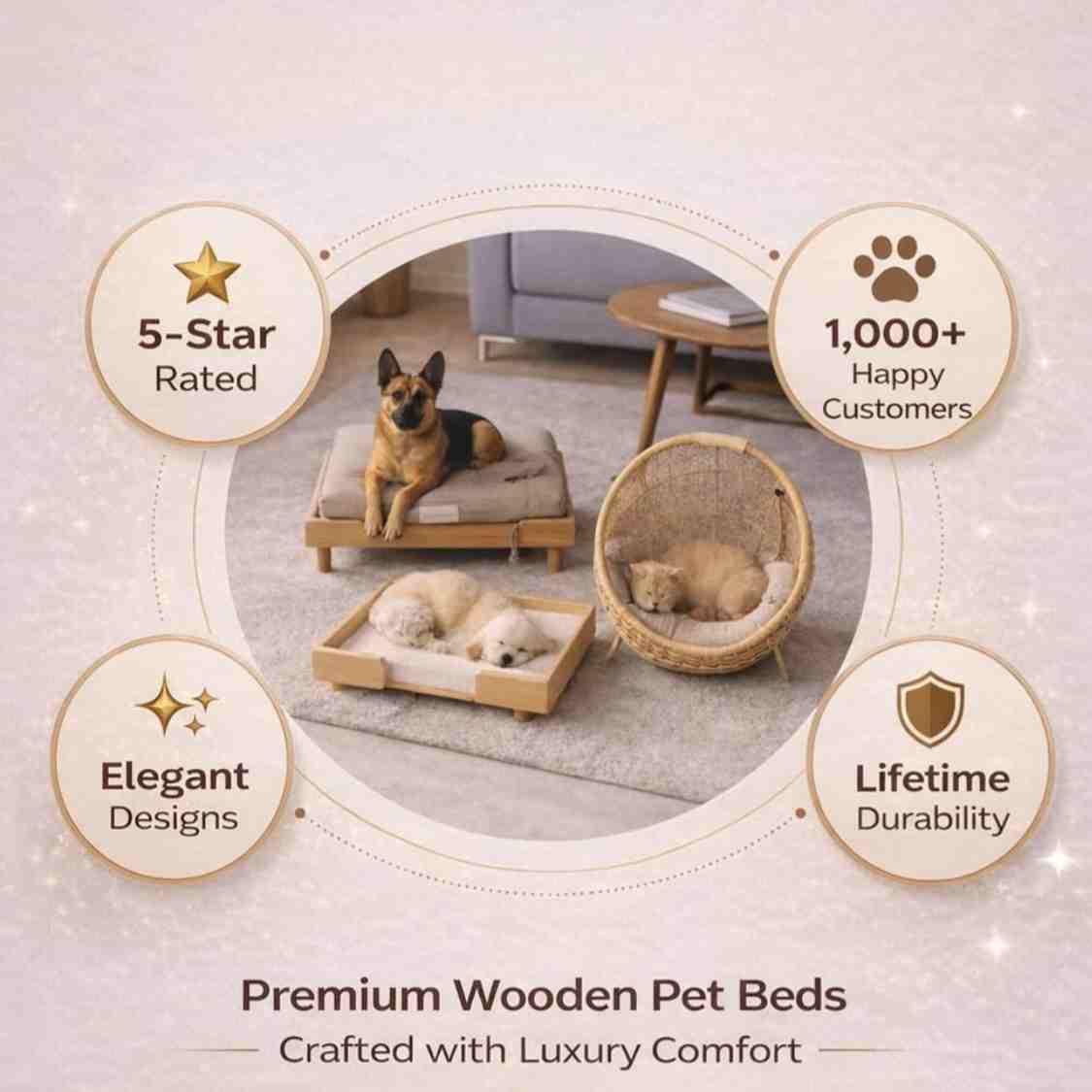 Luxury Wooden Pet Bed For Small Dogs & Cats With Soft Cushion & Mattress