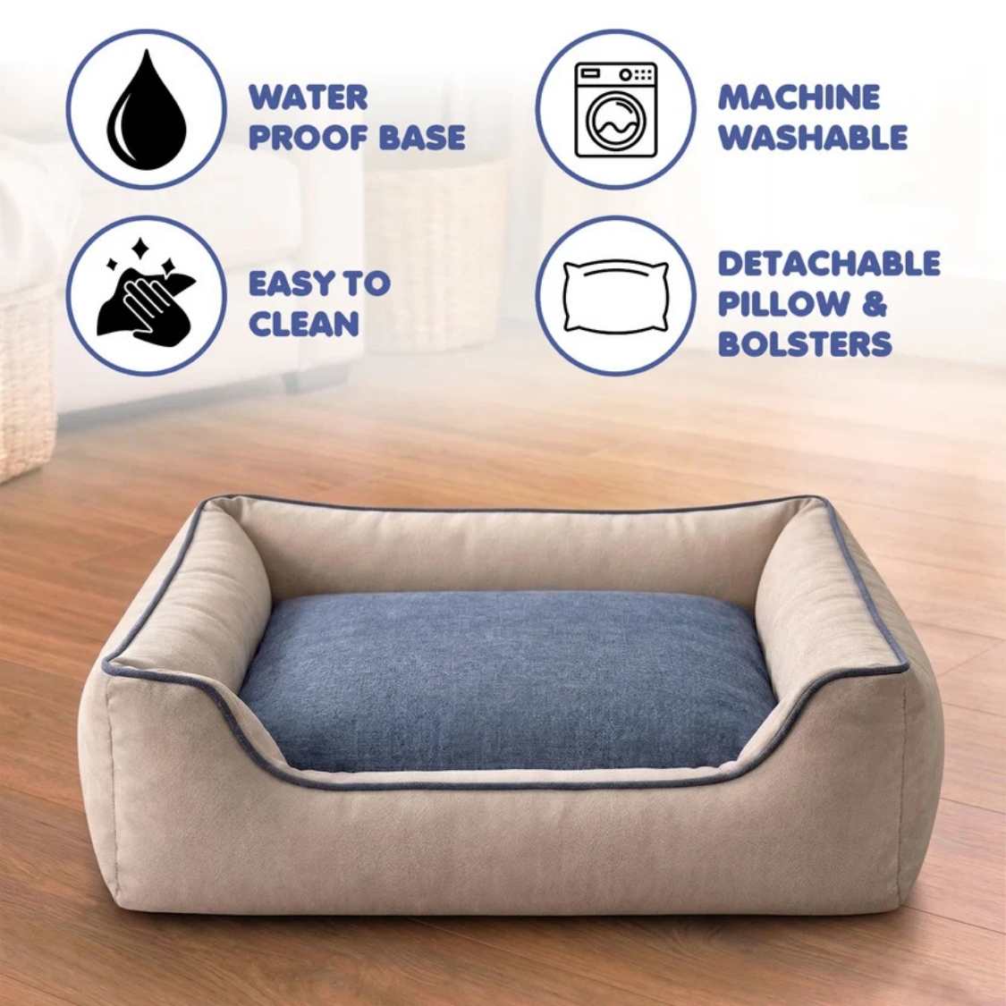 Premium Denim Orthopaedic Dog Bed | Washable Pet Sofa With Bolster
