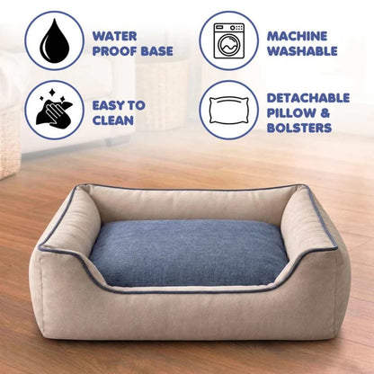 Premium Denim Orthopaedic Dog Bed | Washable Pet Sofa With Bolster
