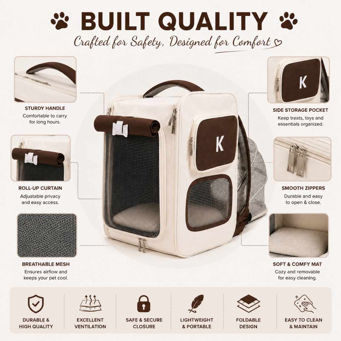 Expandable Cat Carrier Backpack | Brown Pet Travel Bag