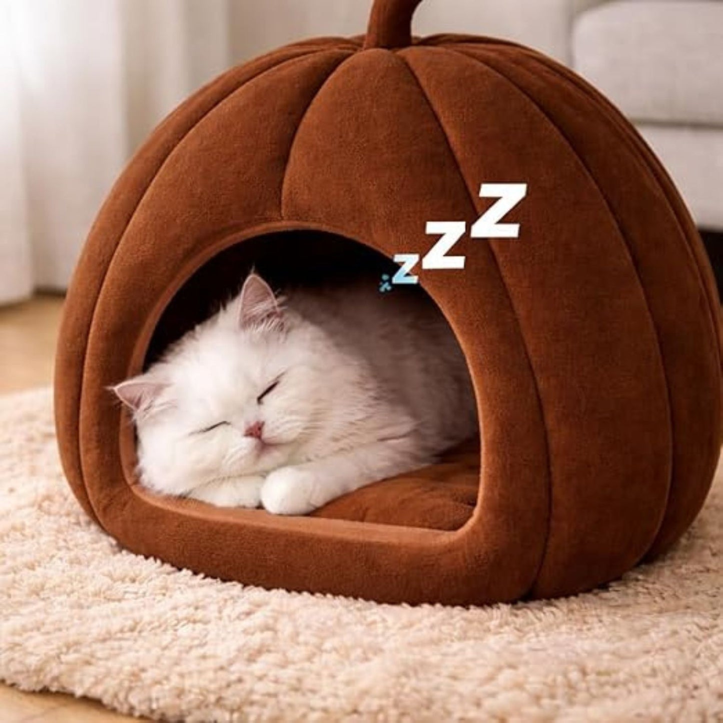 Summer Cat House – Portable 2-in-1 Cat Bed with Removable Cushion (Pumpkin Shape, Brown)