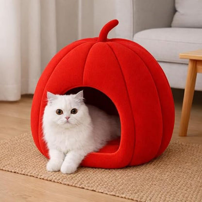 Pumpkin Shape Cat Bed Cave (Red) | Portable Washable Pet House
