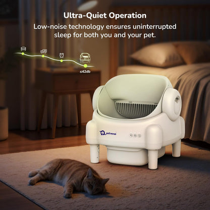 White Petverse automatic self-cleaning cat litter box infographic showcasing ultra-quiet low-noise technology in a bedroom with a sleeping cat.
