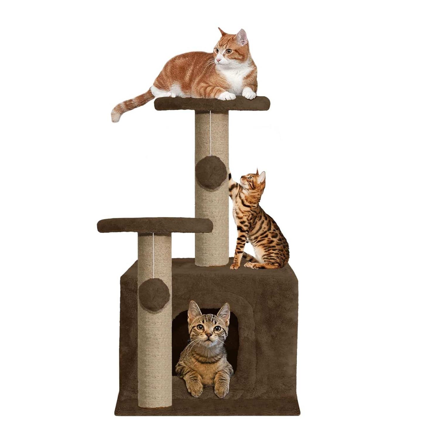 Soft Fur Activity Cat Tree - Natural Sisal Rope, Condo with Sisal Scratching Post, Hanging Ball Toys for Cats and Kittens (Height 26 Inch) (Brown)