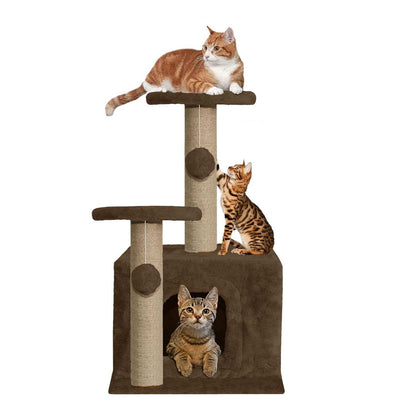 Soft Fur Activity Cat Tree - Natural Sisal Rope, Condo with Sisal Scratching Post, Hanging Ball Toys for Cats and Kittens (Height 26 Inch) (Brown)