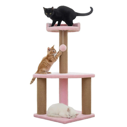 Soft Fur Activity Cat Tree for Kittens & Cats - Scratching Post, Natural Sisal Rope, Two Floor Tower, Hanging Ball (Height 32 Inch)