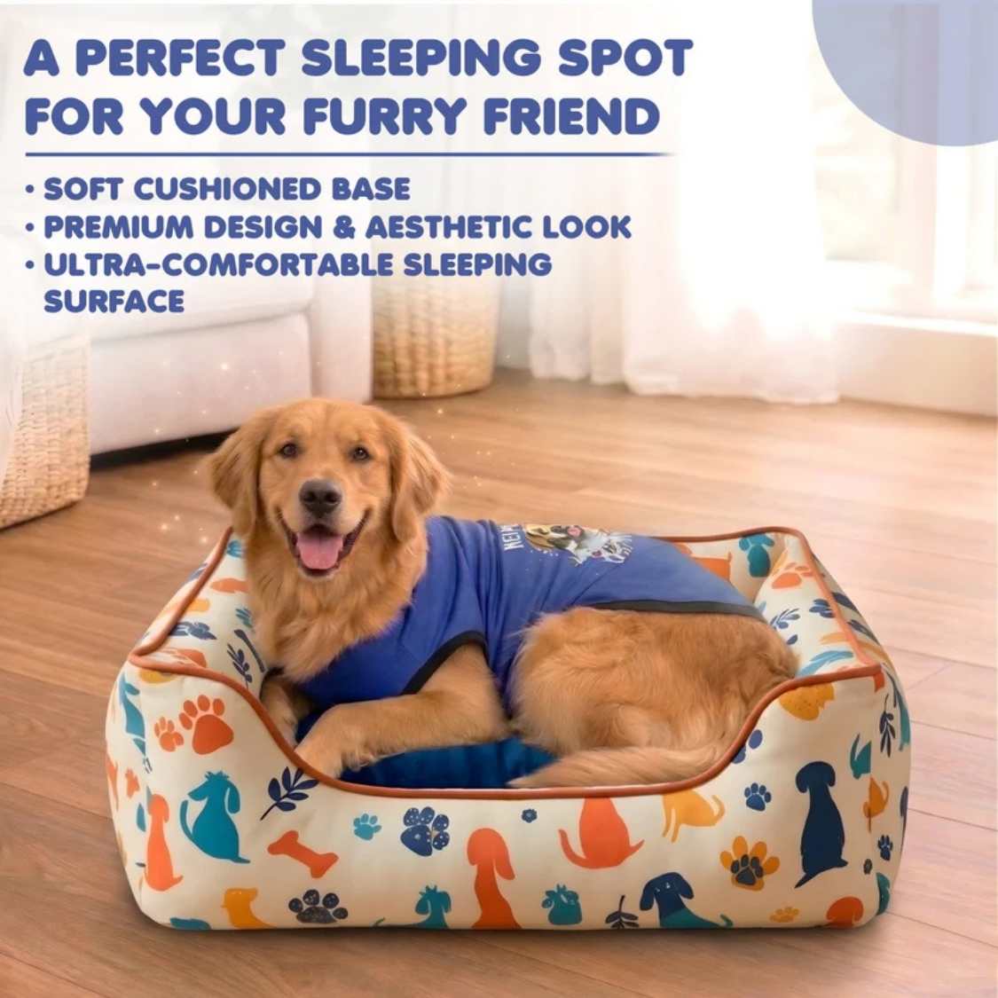 Dog Print Orthopaedic Pet Bed With Bolster | Washable Anti Slip Sofa Bed