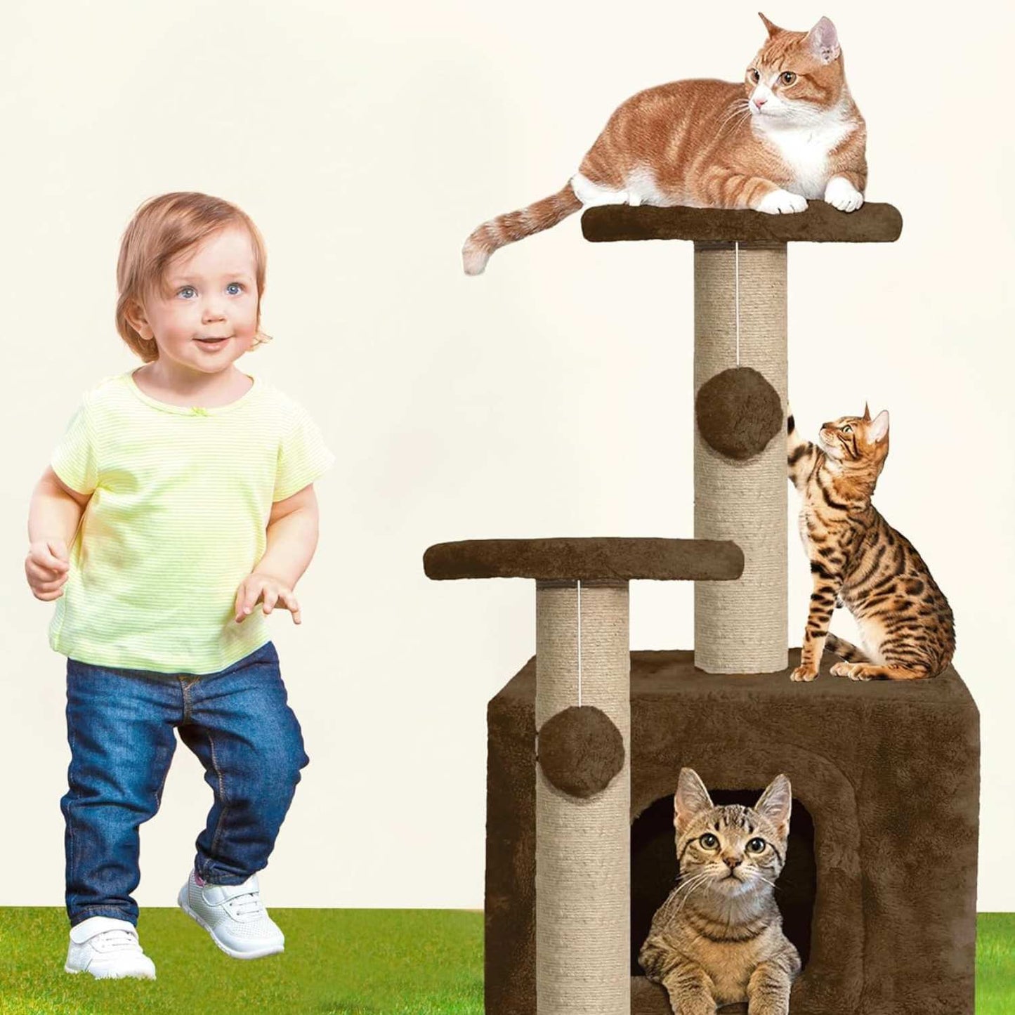 Soft Fur Activity Cat Tree - Natural Sisal Rope, Condo with Sisal Scratching Post, Hanging Ball Toys for Cats and Kittens (Height 26 Inch) (Brown)