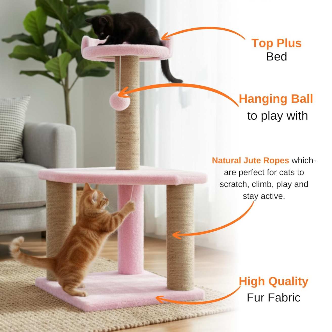 Soft Fur Activity Cat Tree for Kittens & Cats - Scratching Post, Natural Sisal Rope, Two Floor Tower, Hanging Ball (Height 32 Inch)