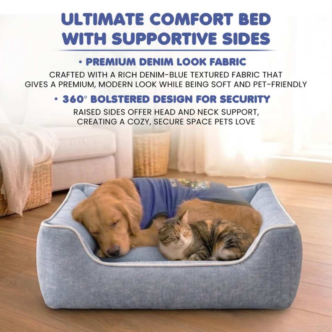 Premium Orthopedic Denim Blue Pet Bed | Soft Bolster Cushion Washable Pet Bed