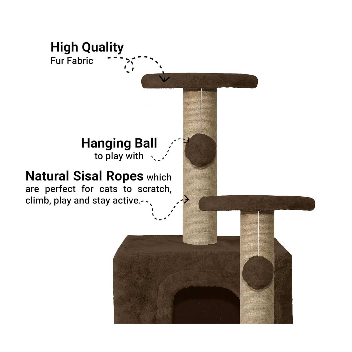 Soft Fur Activity Cat Tree - Natural Sisal Rope, Condo with Sisal Scratching Post, Hanging Ball Toys for Cats and Kittens (Height 26 Inch) (Brown)