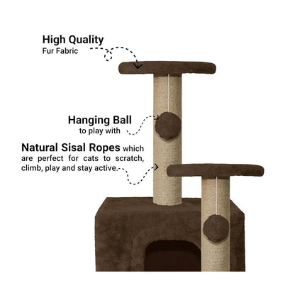 Soft Fur Activity Cat Tree - Natural Sisal Rope, Condo with Sisal Scratching Post, Hanging Ball Toys for Cats and Kittens (Height 26 Inch) (Brown)