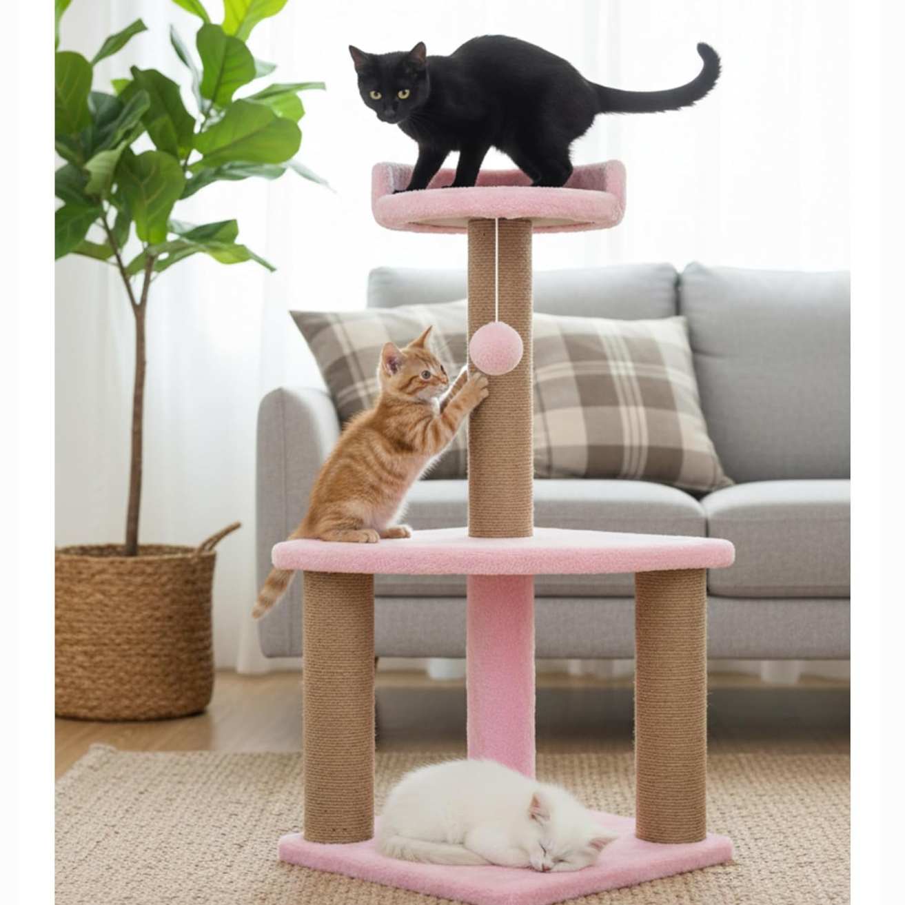 Soft Fur Activity Cat Tree for Kittens & Cats - Scratching Post, Natural Sisal Rope, Two Floor Tower, Hanging Ball (Height 32 Inch)