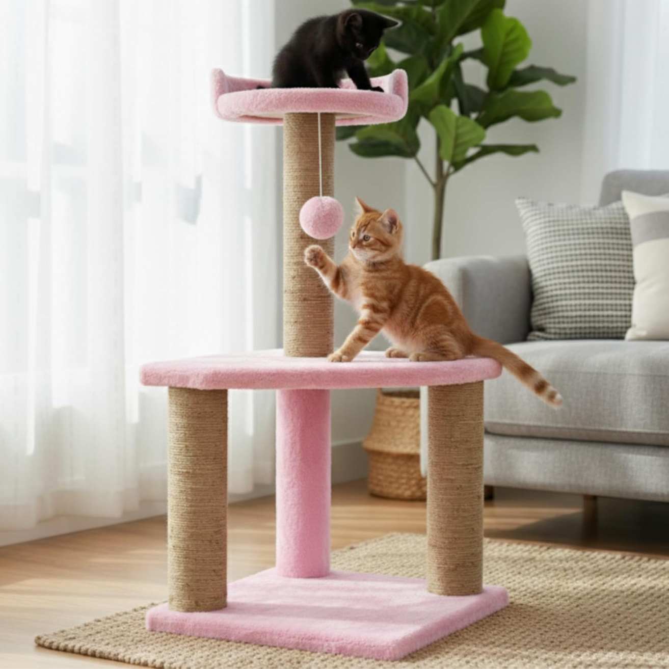 Soft Fur Activity Cat Tree for Kittens & Cats - Scratching Post, Natural Sisal Rope, Two Floor Tower, Hanging Ball (Height 32 Inch)