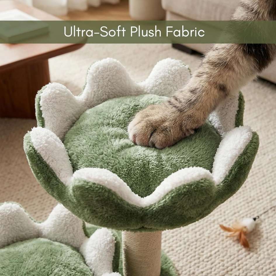 Cat Tree Tower with Scratching Post, Plush Flower Design, 2-Tier with Hanging Ball Toy