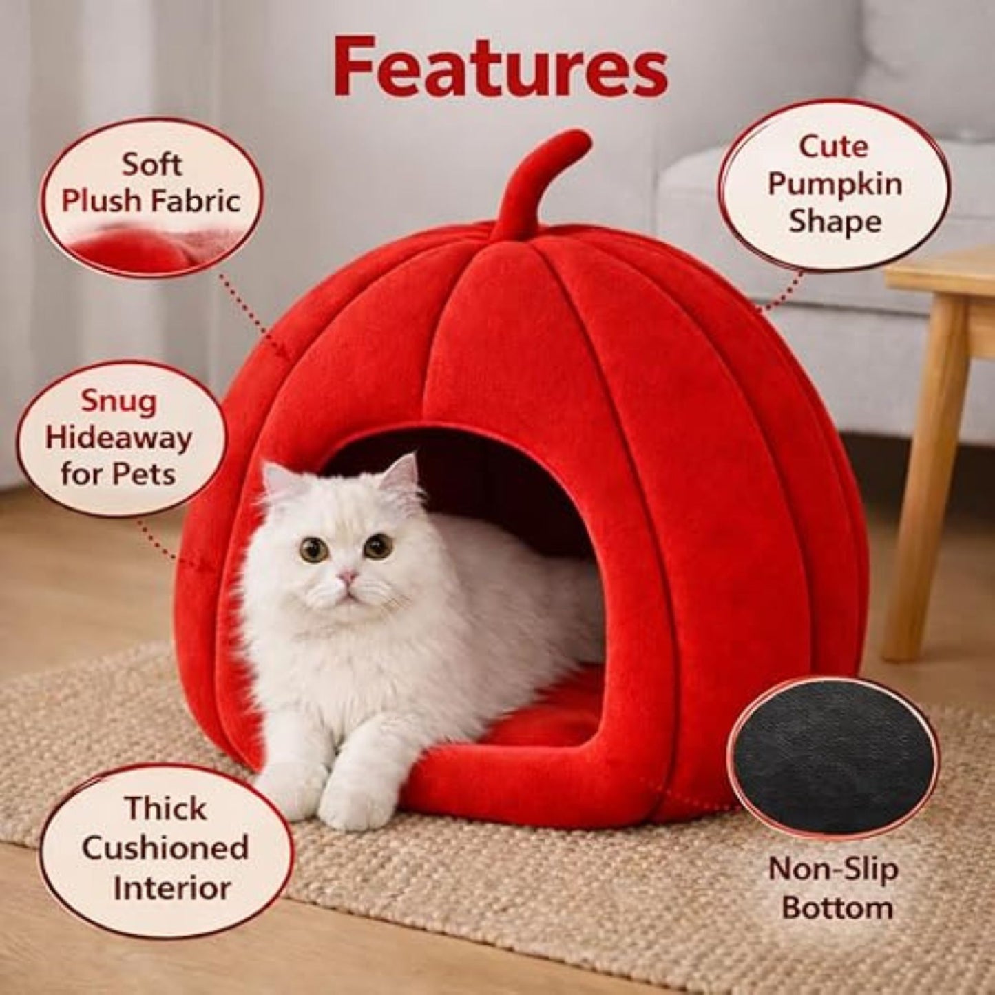 Pumpkin Shape Cat Bed Cave (Red) | Portable Washable Pet House