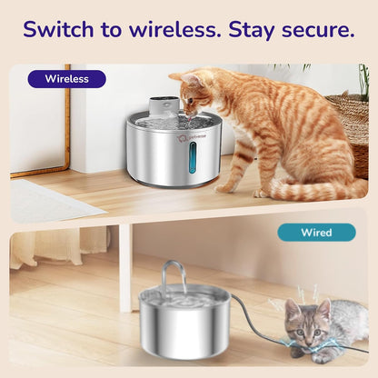 Comparison infographic showing an orange cat drinking from a wireless  water fountain versus a kitten chewing a wire on a standard pet fountain.