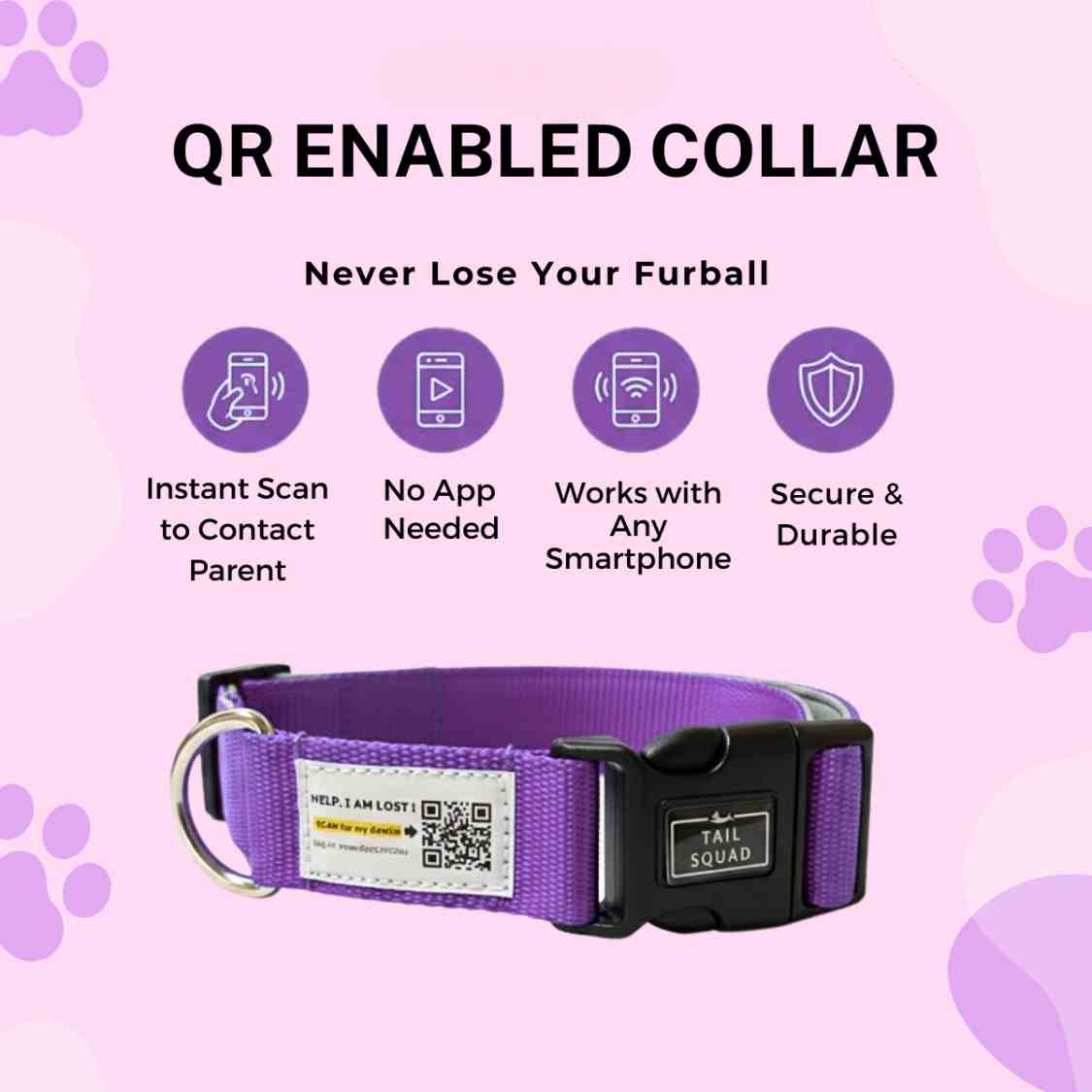 Pet Collar With QR Code | Smart ID Safety Collar For Dogs (Purple)
