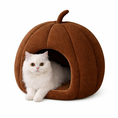 Summer Cat House – Portable 2-in-1 Cat Bed with Removable Cushion (Pumpkin Shape, Brown)