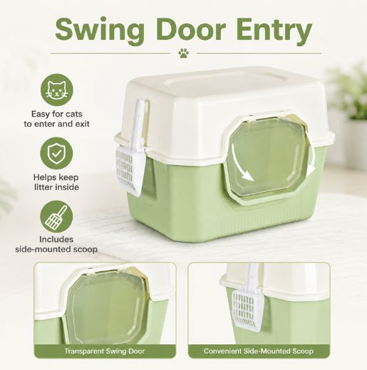 Stylish Covered Cat Litter Box With Swing Door & Scoop