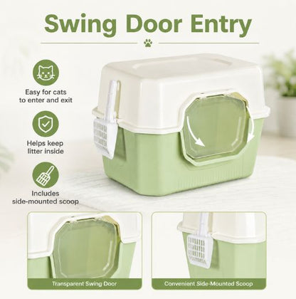 Stylish Covered Cat Litter Box With Swing Door & Scoop