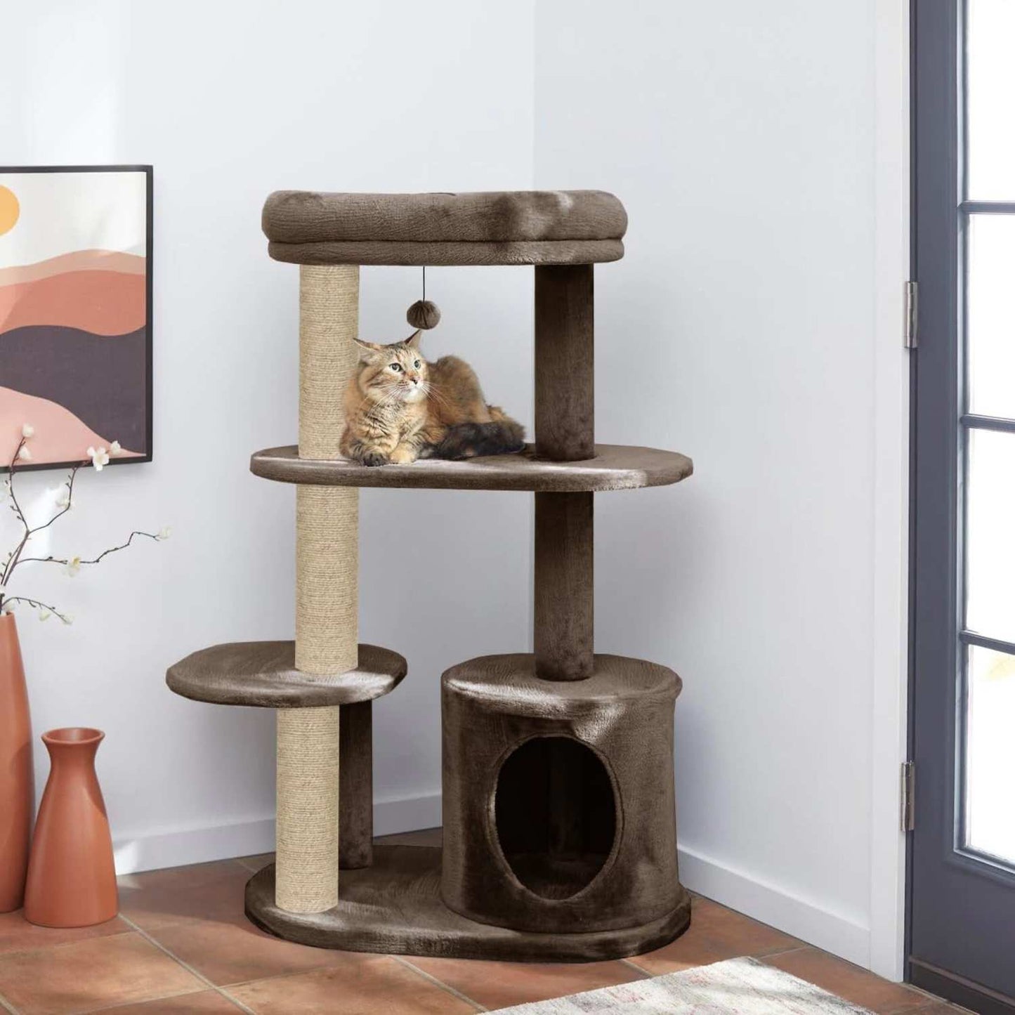 Deluxe Cat Tree Tower, 43 Inch Tall Multi-Level Grey Plush with Sisal Posts, Condo House, Perch Platforms, 19x16x43 Inches (Brown)