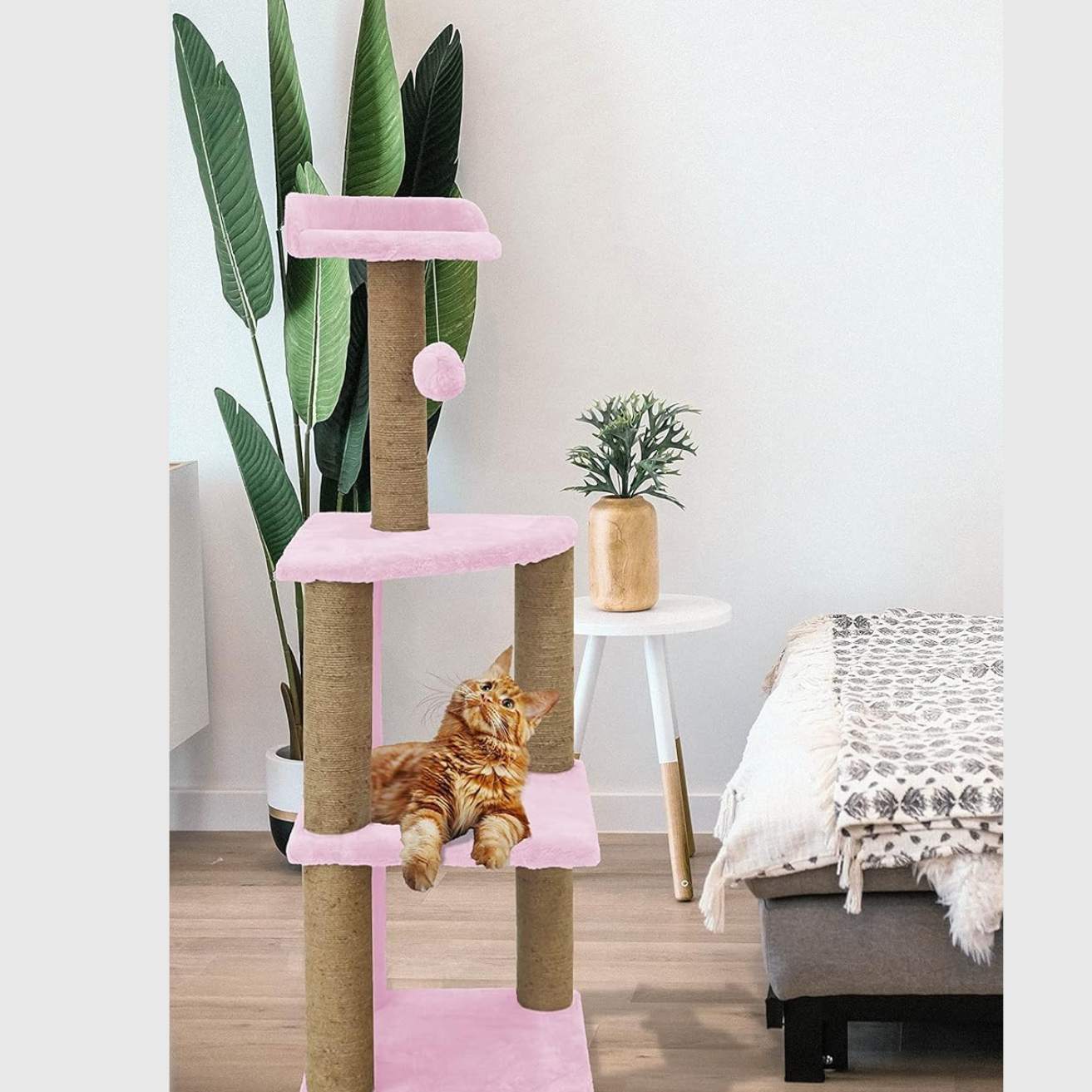 Soft Fur Activity Cat Tree for Kittens & Cats - Scratching Post, Natural Sisal Rope, Three Floor Tower, Hanging Ball (Height 47 Inch)
