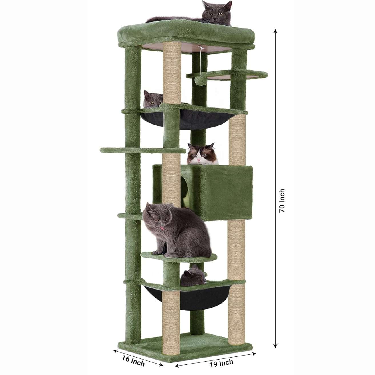 Climbing Tower Activity Cat Tree - Fur Fabric | Top Bed | Hammocks | Condo | Multiple Seats | Jute Rope Scratching Posts | for Adult Cats & Kittens (Height 70 Inch)
