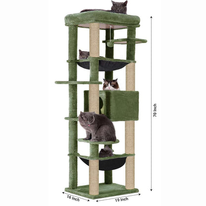Climbing Tower Activity Cat Tree - Fur Fabric | Top Bed | Hammocks | Condo | Multiple Seats | Jute Rope Scratching Posts | for Adult Cats & Kittens (Height 70 Inch)