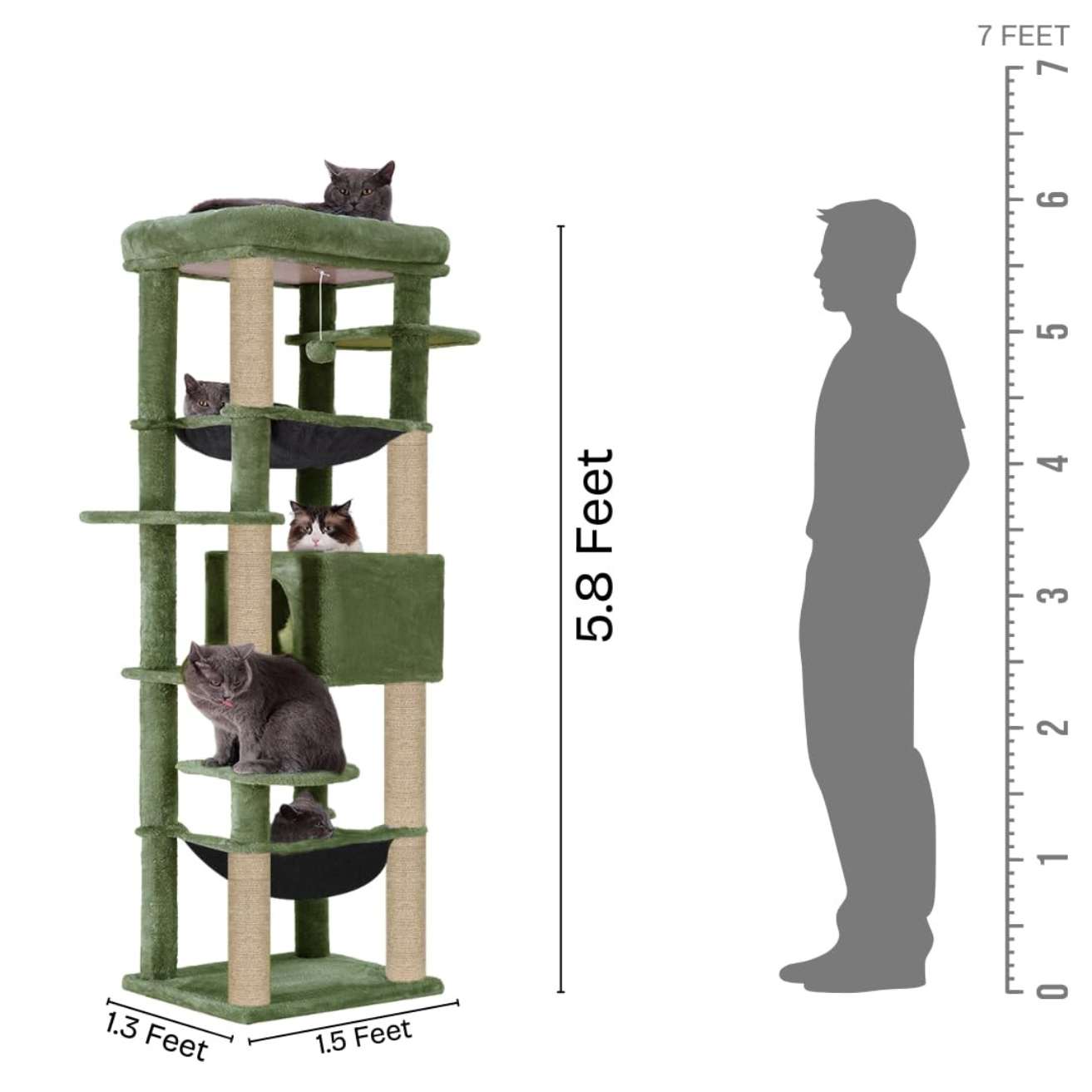 Climbing Tower Activity Cat Tree - Fur Fabric | Top Bed | Hammocks | Condo | Multiple Seats | Jute Rope Scratching Posts | for Adult Cats & Kittens (Height 70 Inch)