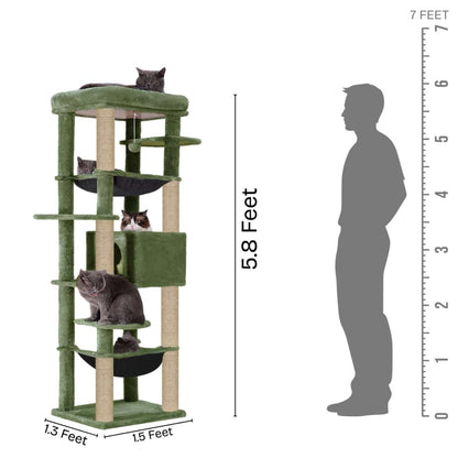 Climbing Tower Activity Cat Tree - Fur Fabric | Top Bed | Hammocks | Condo | Multiple Seats | Jute Rope Scratching Posts | for Adult Cats & Kittens (Height 70 Inch)