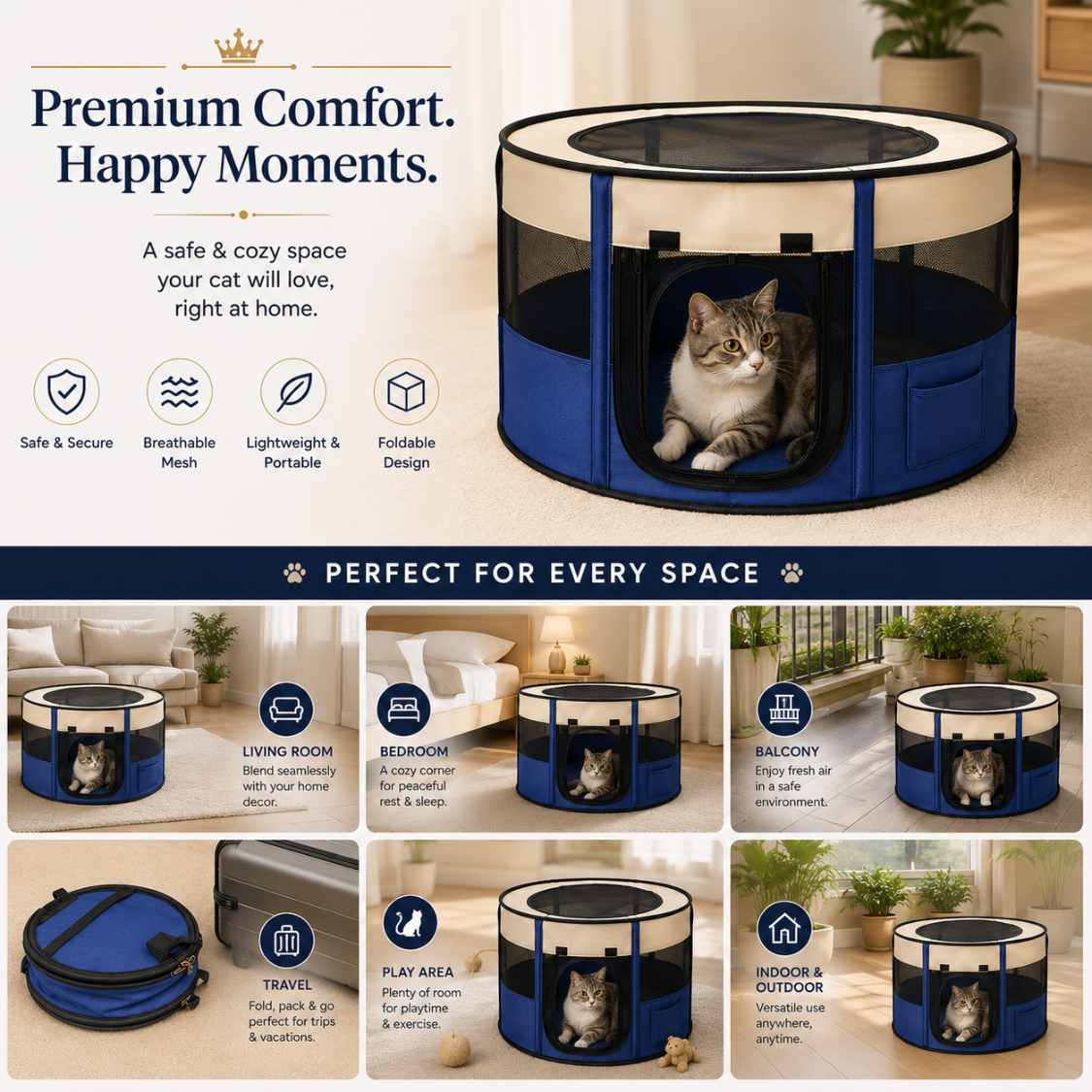 Foldable Pet Playpen Tent For Cats & Small Dogs