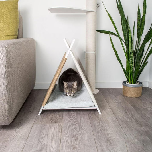 2 in 1 Wooden Cat House with Sisal Scratcher | Indoor Cat Bed, Hideout & Scratching Lounge