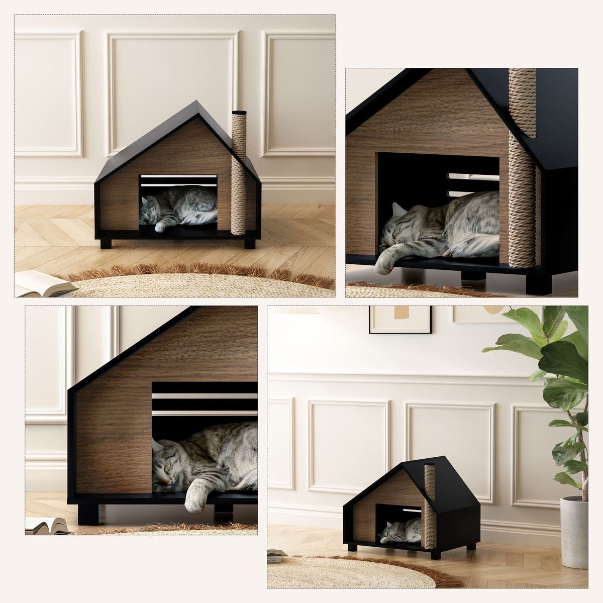 Wooden Cat House With Cozy Condo & Hideaway Bed For Indoor Cats