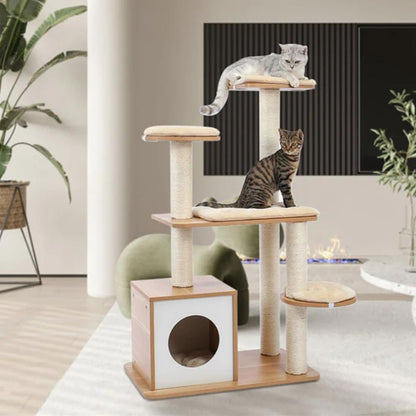 Modern Wooden Cat Tree Tower for Indoor Cats with Scratching Posts & Cat Condo