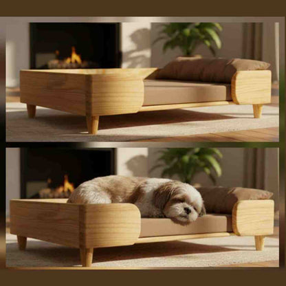Luxury Wooden Pet Bed For Small Dogs & Cats With Soft Cushion & Mattress