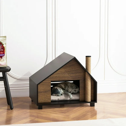 Wooden Cat House With Cozy Condo & Hideaway Bed For Indoor Cats