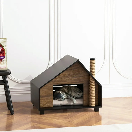Wooden Cat House With Cozy Condo & Hideaway Bed For Indoor Cats