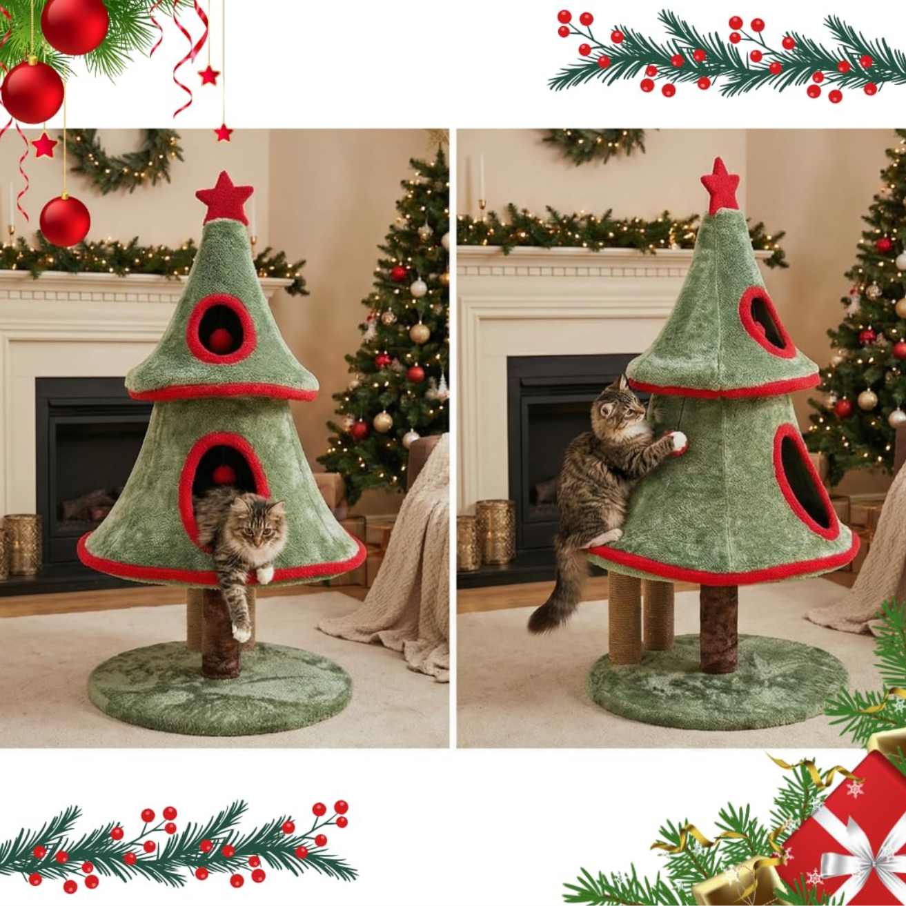 Christmas Tree Cat Tower, Green and Red, Fur Fabric, Multi-Level with Scratching Posts, Holiday Theme, Hideaway and Napping Spaces