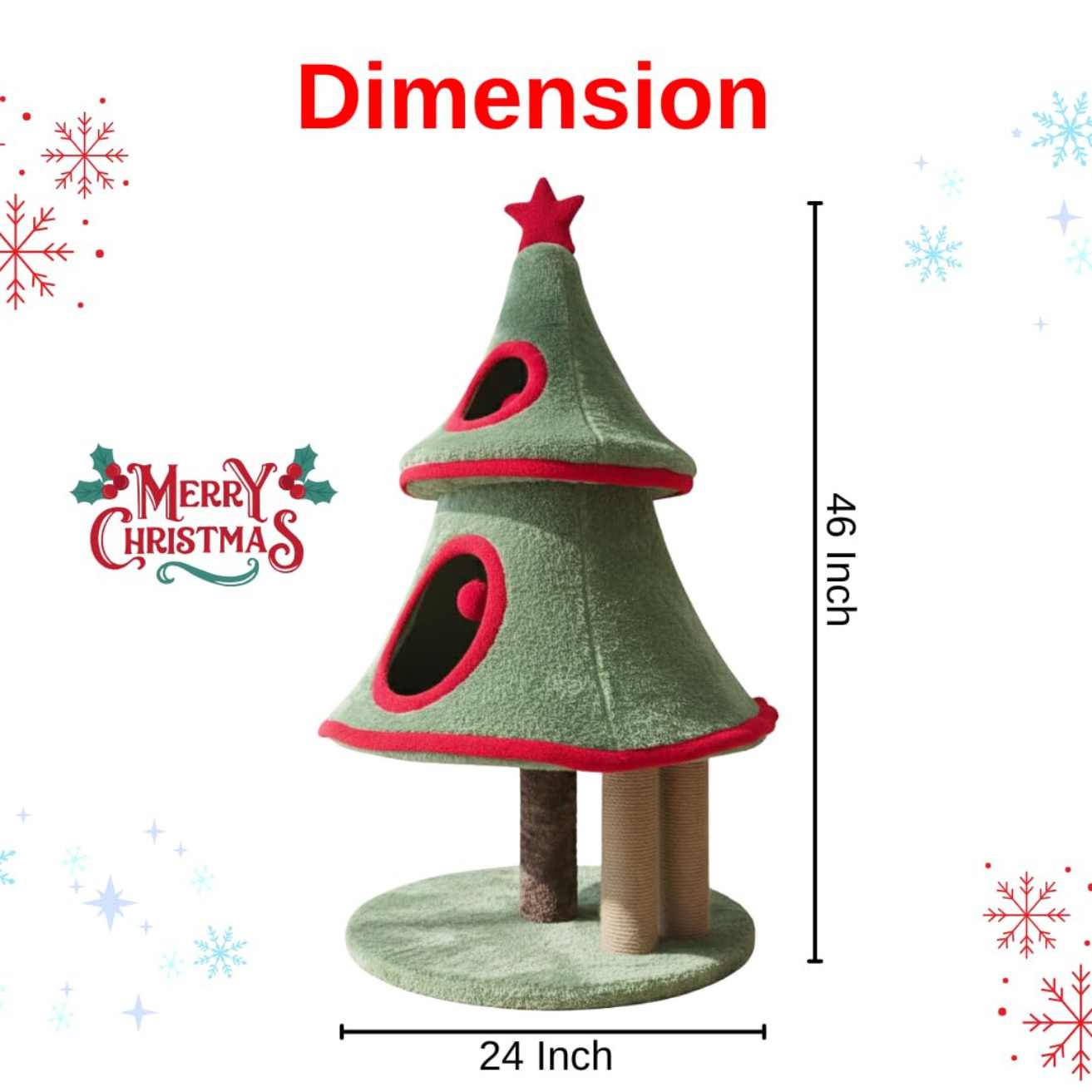 Christmas Tree Cat Tower, Green and Red, Fur Fabric, Multi-Level with Scratching Posts, Holiday Theme, Hideaway and Napping Spaces