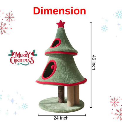 Christmas Tree Cat Tower, Green and Red, Fur Fabric, Multi-Level with Scratching Posts, Holiday Theme, Hideaway and Napping Spaces