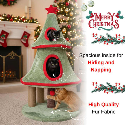 Christmas Tree Cat Tower, Green and Red, Fur Fabric, Multi-Level with Scratching Posts, Holiday Theme, Hideaway and Napping Spaces