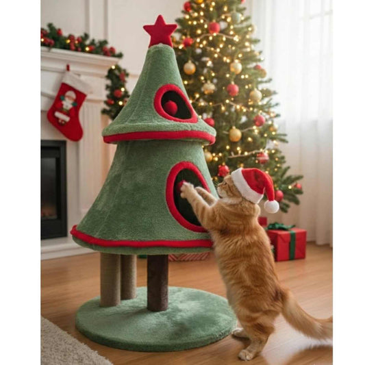 Christmas Tree Cat Tower, Green and Red, Fur Fabric, Multi-Level with Scratching Posts, Holiday Theme, Hideaway and Napping Spaces