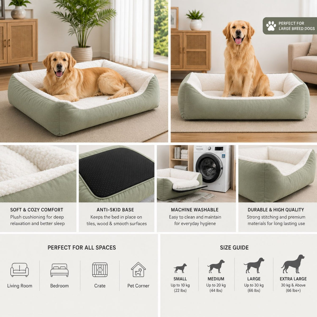 Green Comfort Pet Bed | Soft, Machine Washable & Anti-Skid Base