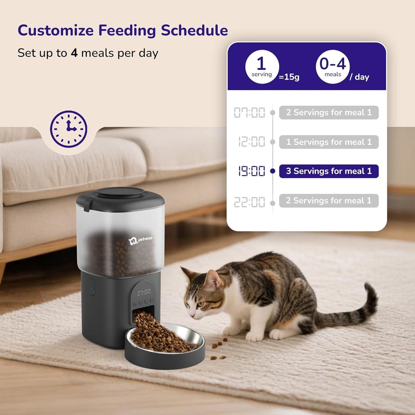Infographic of automatic pet feeder showing 4-meal daily schedule with cat eating.
