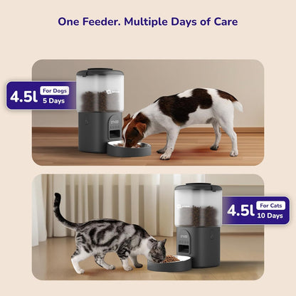 Infographic showing 4.5L automatic pet feeder capacity: 5 days for dogs or 10 days for cats.