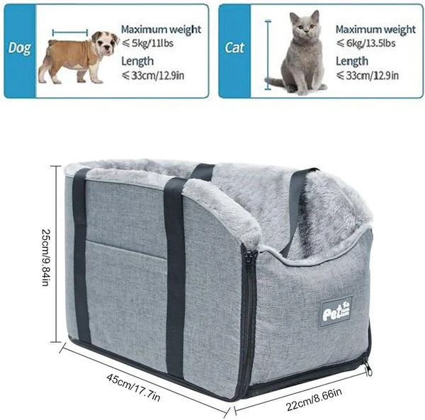 Size and weight limit infographic for a grey fabric dog and cat travel booster seat.